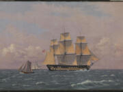 This image provided by the Statens Museum For Kunst shows the 1834 painting "The 84-Gun Danish Warship 'Dronning Marie' in the Sound" by Christoffer Wilhelm Eckersberg. Danish painters in the 19th century had some special ingredients up their sleeves: They used materials from brewing beer to create their artwork, according to research published in the journal Science Advances on Wednesday, May 24, 2023.