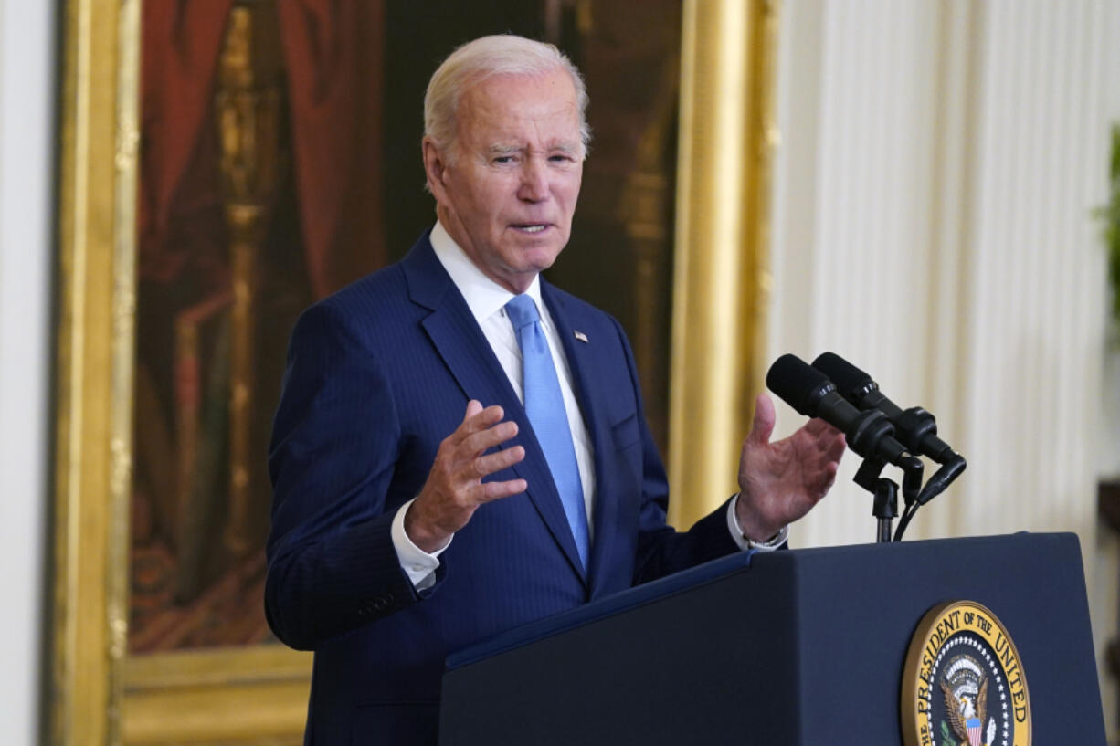 President Joe Biden speaks during a Medal of Valor ceremony in the East Room of the White House, Wednesday, May 17, 2023, in Washington. The Medal of Valor is the nation's highest honor for bravery by a public safety officer.