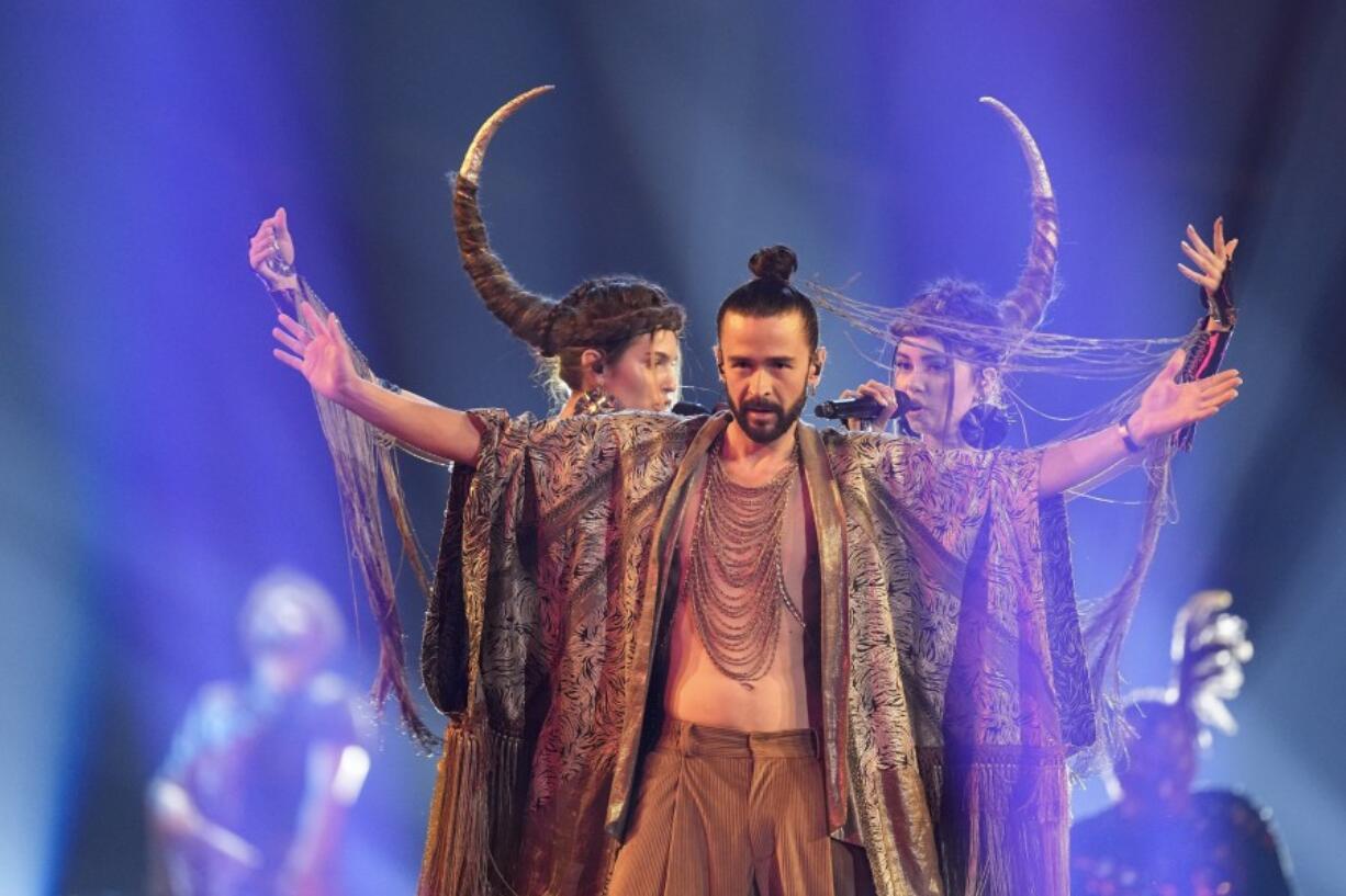 Pasha Parfeny of Moldova performs during dress rehearsals for the Grand final at the Eurovision Song Contest in Liverpool, England, Friday, May 12, 2023.