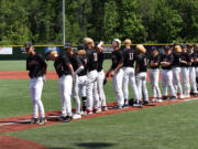 The Camas baseball team lines up prior to its Class 4A state tournament game against Kamiakin at Eastlake High School in Sammamish on Saturday, May 20, 2023.