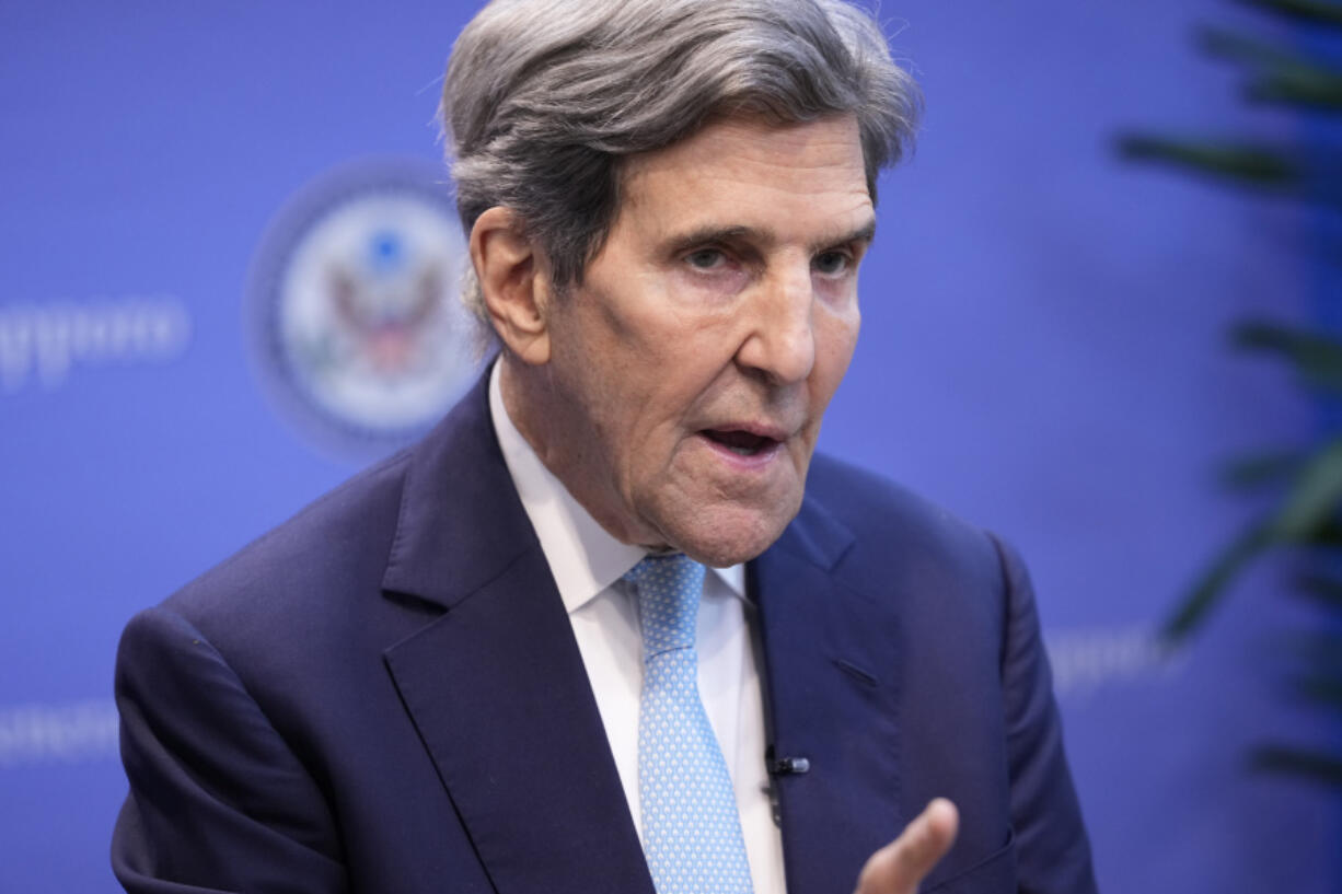 FILE - U.S. Special Presidential Envoy for Climate John Kerry speaks during an interview with The Associated Press at the U.S. Consulate General after the G-7 ministers' meeting on climate, energy and environment in Sapporo, northern Japan, Sunday, April 16, 2023.