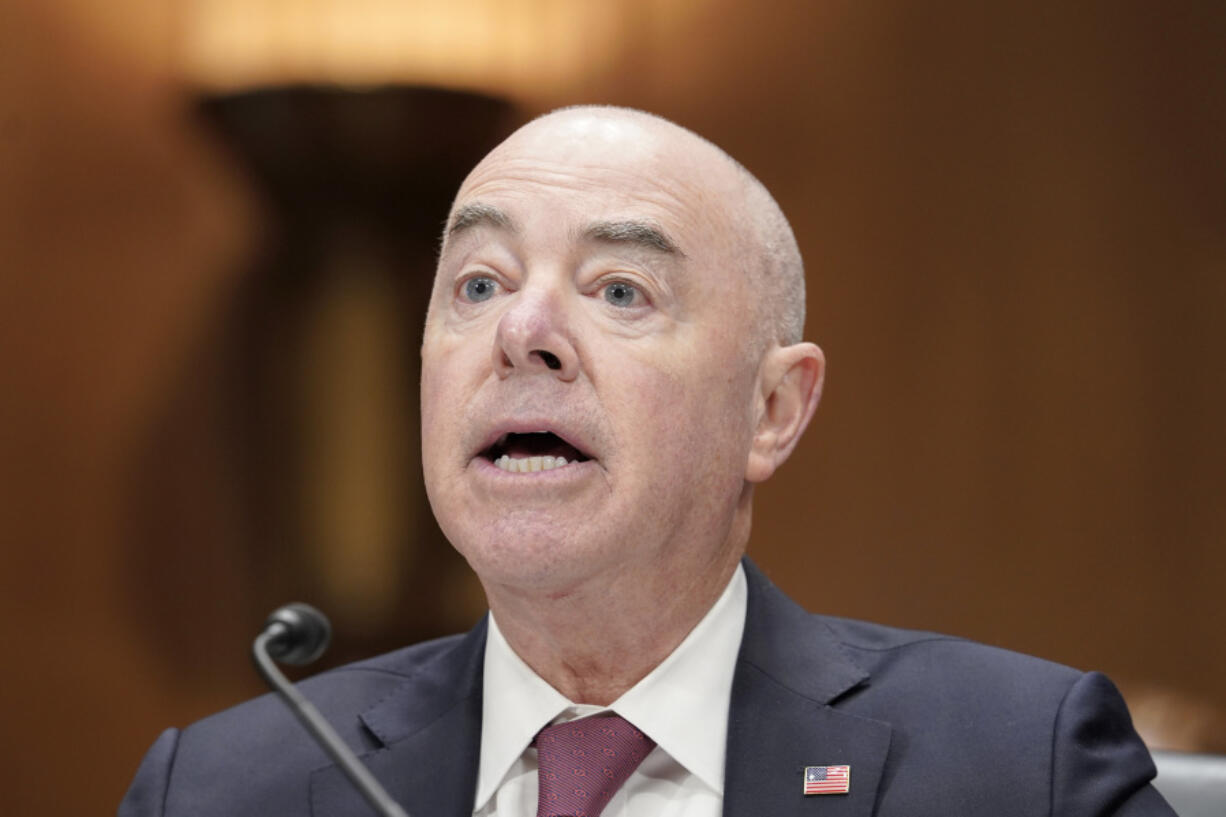 Secretary of Homeland Security Alejandro Mayorkas testifies during a Senate Homeland Security and Government Affairs Committee on the FY2024 budget hearing for DHS Tuesday, April 18, 2023, on Capitol Hill in Washington.