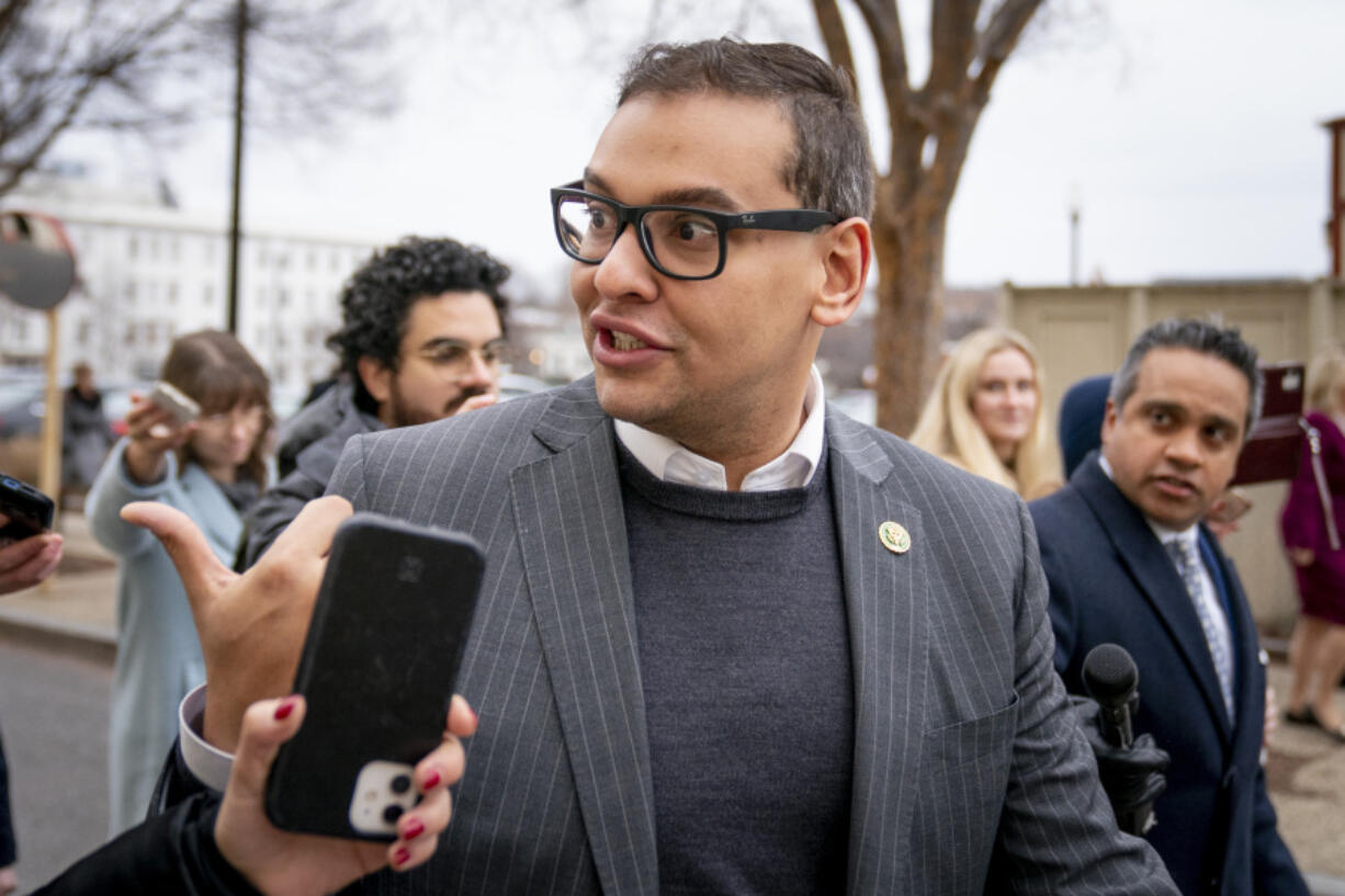 FILE - Rep. George Santos, R-N.Y., leaves a House GOP conference meeting on Capitol Hill in Washington, Jan. 25, 2023.