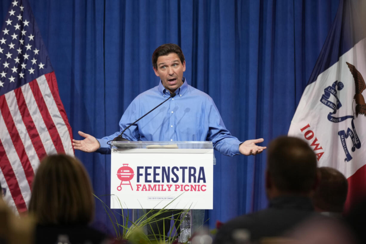 Florida Gov. Ron DeSantis speaks during a fundraising picnic for U.S. Rep. Randy Feenstra, R-Iowa, Saturday, May 13, 2023, in Sioux Center, Iowa.