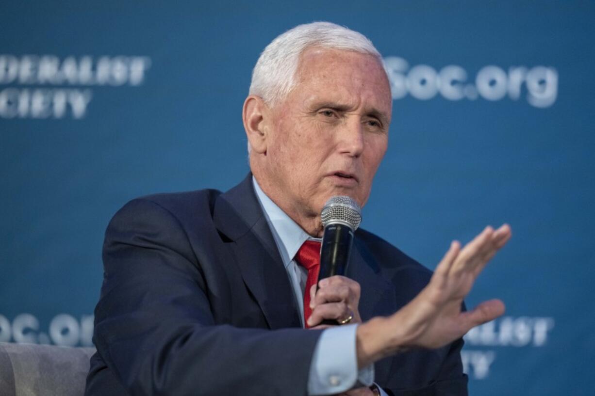 Former Vice President Mike Pence speaks at the Federalist Society Executive Branch Review conference, Tuesday, April 25, 2023, in Washington.