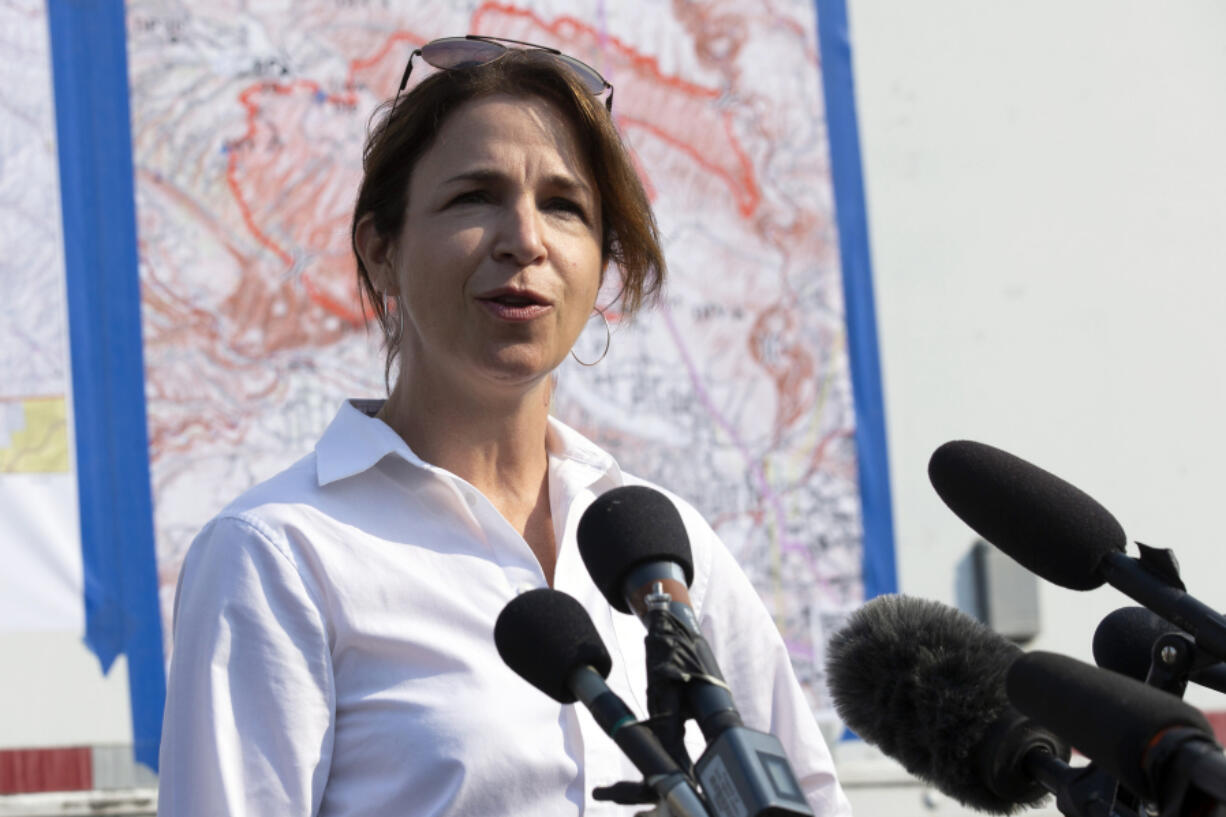 FILE- Commissioner of Public Lands Hilary Franz speaks at a press conference on Friday, Sept. 4, 2020 at Naches High School in Naches, Wash. Franz launched a campaign for governor on Wednesday, May 10, 2023.