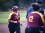 Prairie's Nae Stalcup celebrates after hitting a three-run home run during Prairie's 10-0 win over Evergreen in a 3A Greater St. Helens League softball game at Prairie on Monday, May 8, 2023.