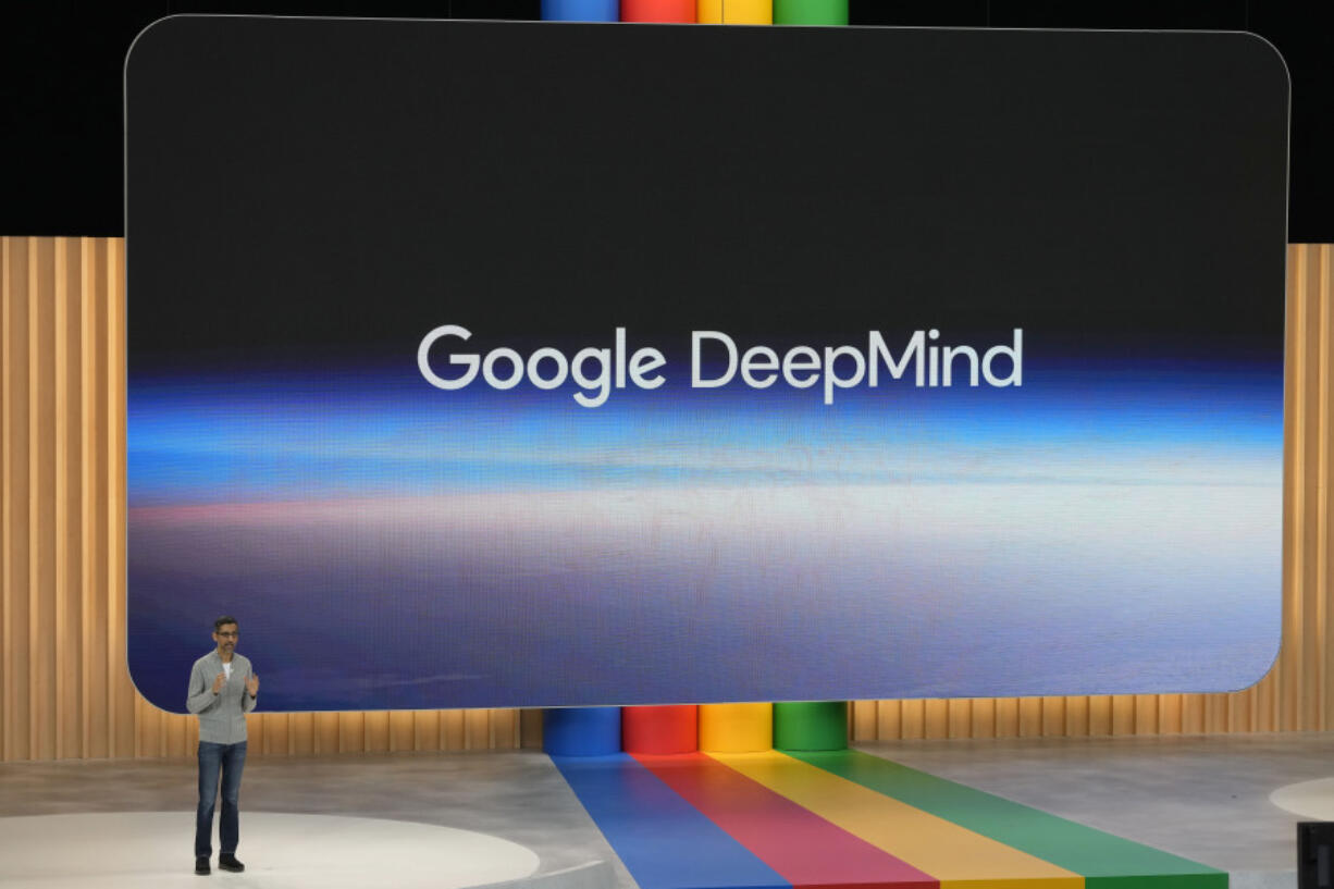 Alphabet CEO Sundar Pichai speaks about Google DeepMind at a Google I/O event in Mountain View, Calif., Wednesday, May 10, 2023.