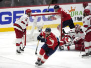 Florida Panthers left wing Matthew Tkachuk (19) reacts after scoring the game-winning goal against the Carolina Hurricanes in the waning seconds of the third period of Game 4 of the NHL hockey Stanley Cup Eastern Conference finals Wednesday, May 24, 2023, in Sunrise, Fla.