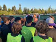 First-year Columbia River boys soccer coach Matt Newman addresses his team after Tuesday's 3-1 victory over W.F. West in their 2A District IV semifinal match. The win clinches a 2A state berth for the Rapids (19-0-0), who face Aberdeen on Thursday.