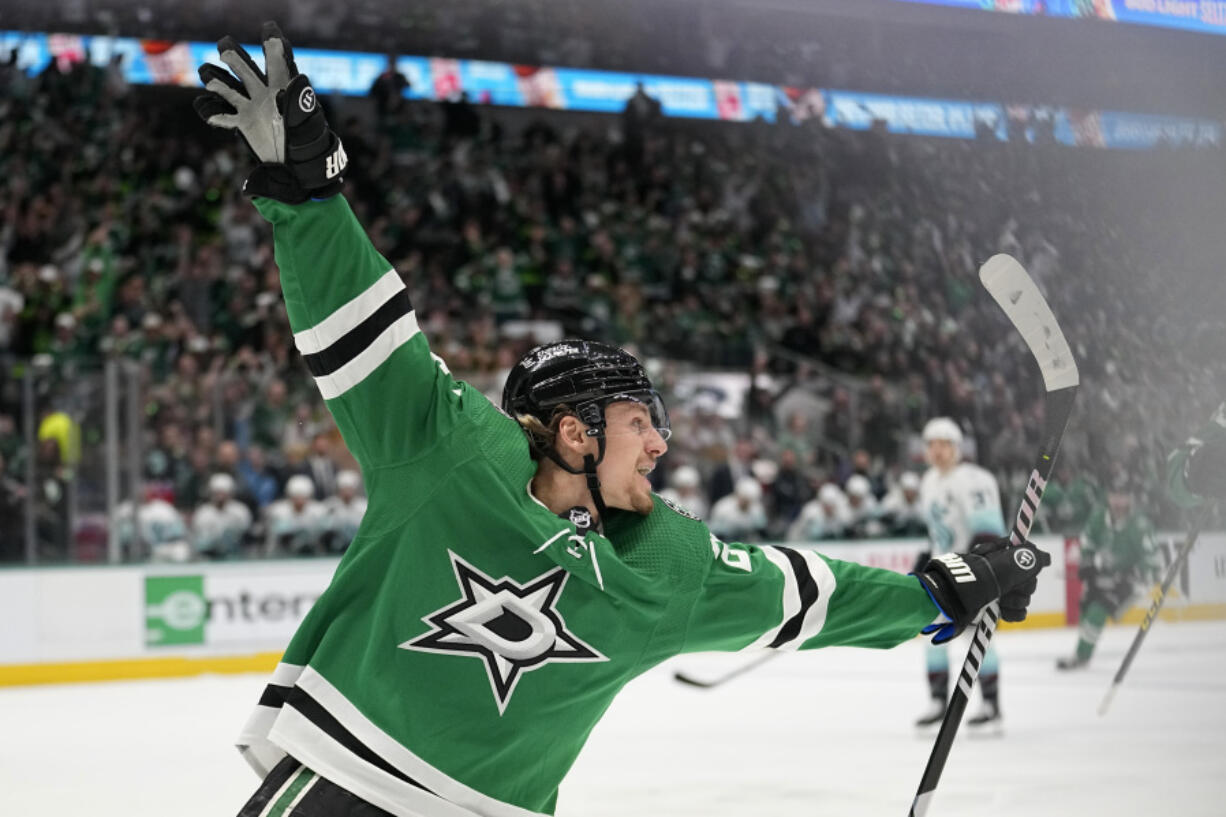 Dallas Stars' Roope Hintz celebrates after scoring against the Seattle Kraken during the first period of Game 5 of an NHL hockey Stanley Cup second-round playoff series Thursday, May 11, 2023, in Dallas.