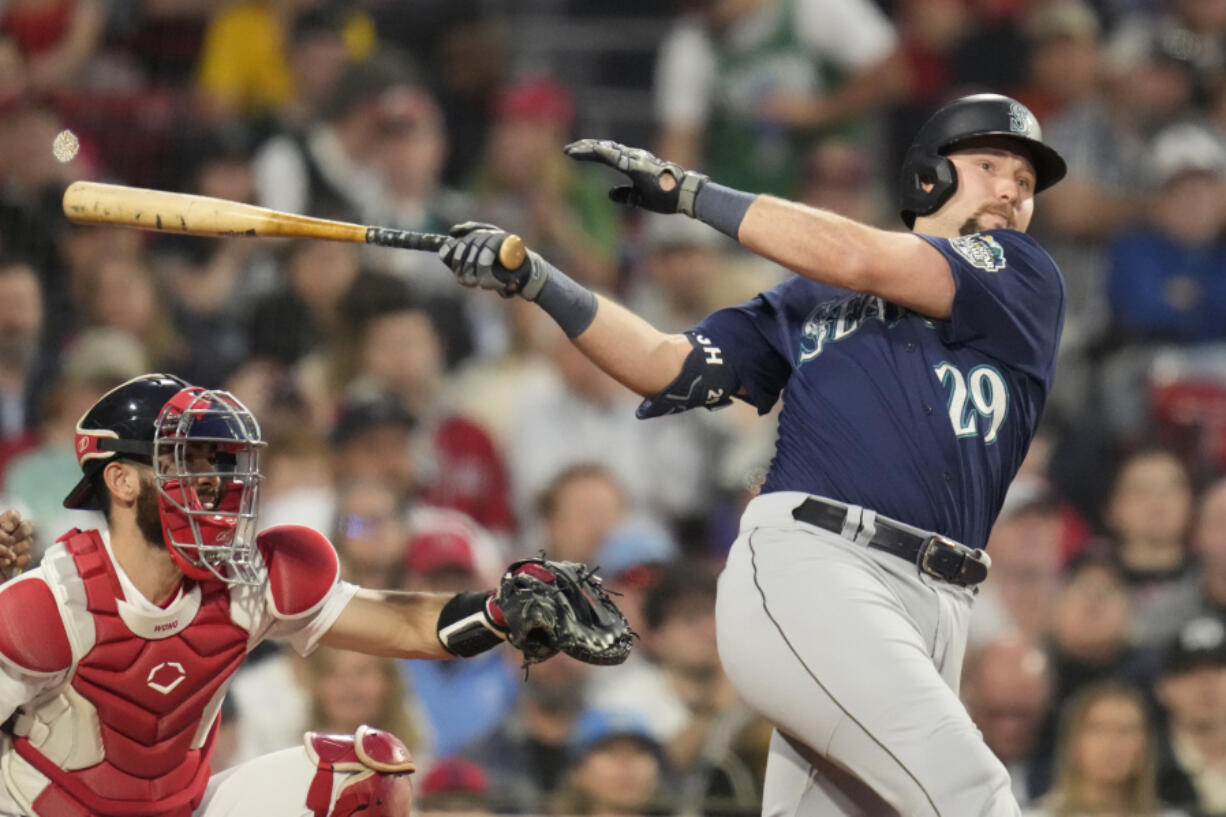 Seattle Mariners Cal Raleigh (29) during a baseball game at Fenway Park, Monday, May 15, 2023, in Boston.