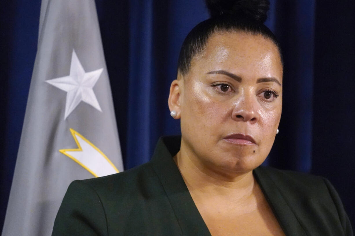 FILE - Massachusetts U.S. Attorney Rachael Rollins addresses the media at the Moakley Federal Courthouse, May 24, 2022, in Boston. Rollins will resign after a monthslong ethics investigation by the Justice Department's inspector general into her appearance at a political fundraiser and other potential issues, her attorney said Tuesday, May 16, 2023.