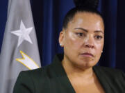 FILE - Massachusetts U.S. Attorney Rachael Rollins addresses the media at the Moakley Federal Courthouse, May 24, 2022, in Boston. Rollins will resign after a monthslong ethics investigation by the Justice Department's inspector general into her appearance at a political fundraiser and other potential issues, her attorney said Tuesday, May 16, 2023.