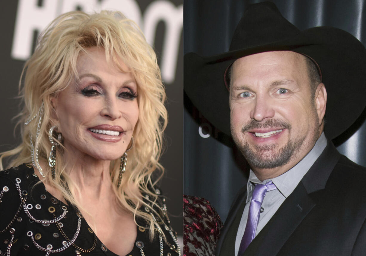 FILE - In this combination of photos, Dolly Parton appears at the Rock & Roll Hall of Fame Induction Ceremony in Los Angeles on Nov. 5, 2022, left, and Garth Brooks appears at the George H.W. Bush Points of Light Awards Gala in New York on Sept. 26, 2019. Parton and Brooks will host the ACM Awards on May 11.