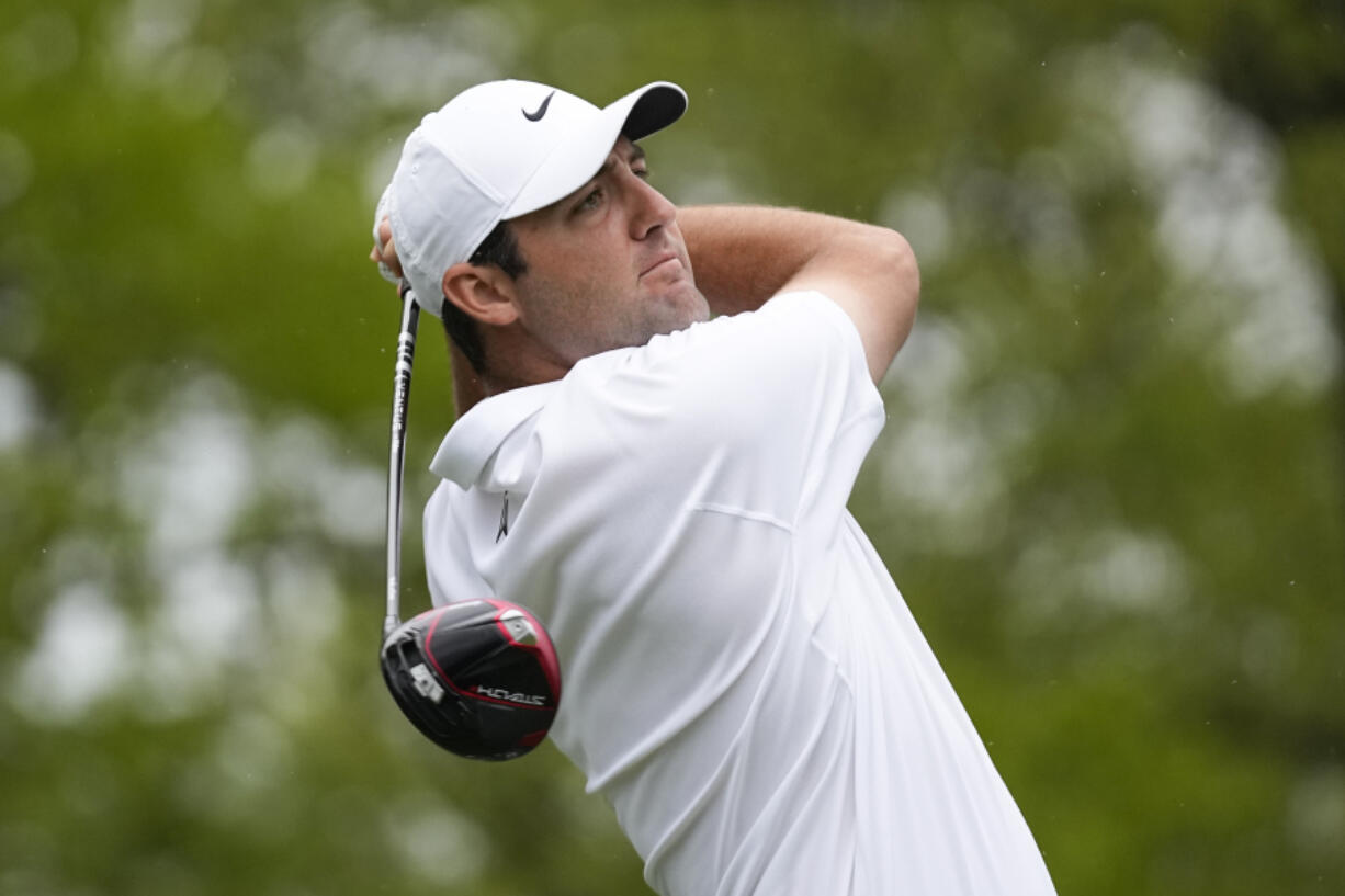 Scottie Scheffler watches his tee shot on the sixth hole during the second round of the PGA Championship golf tournament at Oak Hill Country Club on Friday, May 19, 2023, in Pittsford, N.Y.