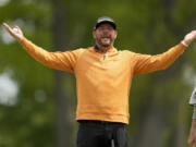 Michael Block reacts after his second round at the PGA Championship golf tournament at Oak Hill Country Club on Friday, May 19, 2023, in Pittsford, N.Y.