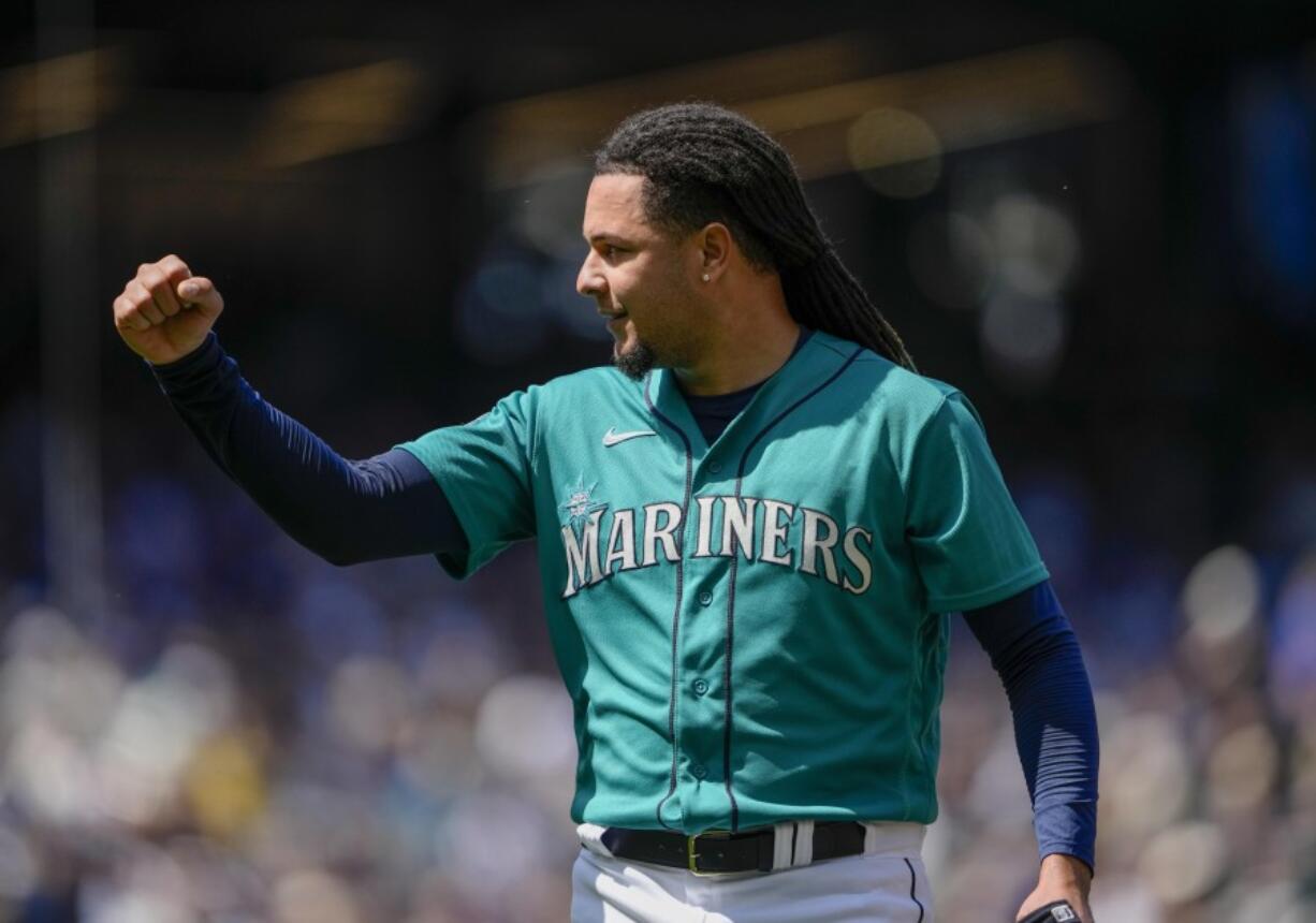 Seattle Mariners starting pitcher Luis Castillo reacts after pitching against the Pittsburgh Pirates during the fifth inning of a baseball game Saturday, May 27, 2023, in Seattle.