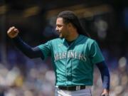 Seattle Mariners starting pitcher Luis Castillo reacts after pitching against the Pittsburgh Pirates during the fifth inning of a baseball game Saturday, May 27, 2023, in Seattle.