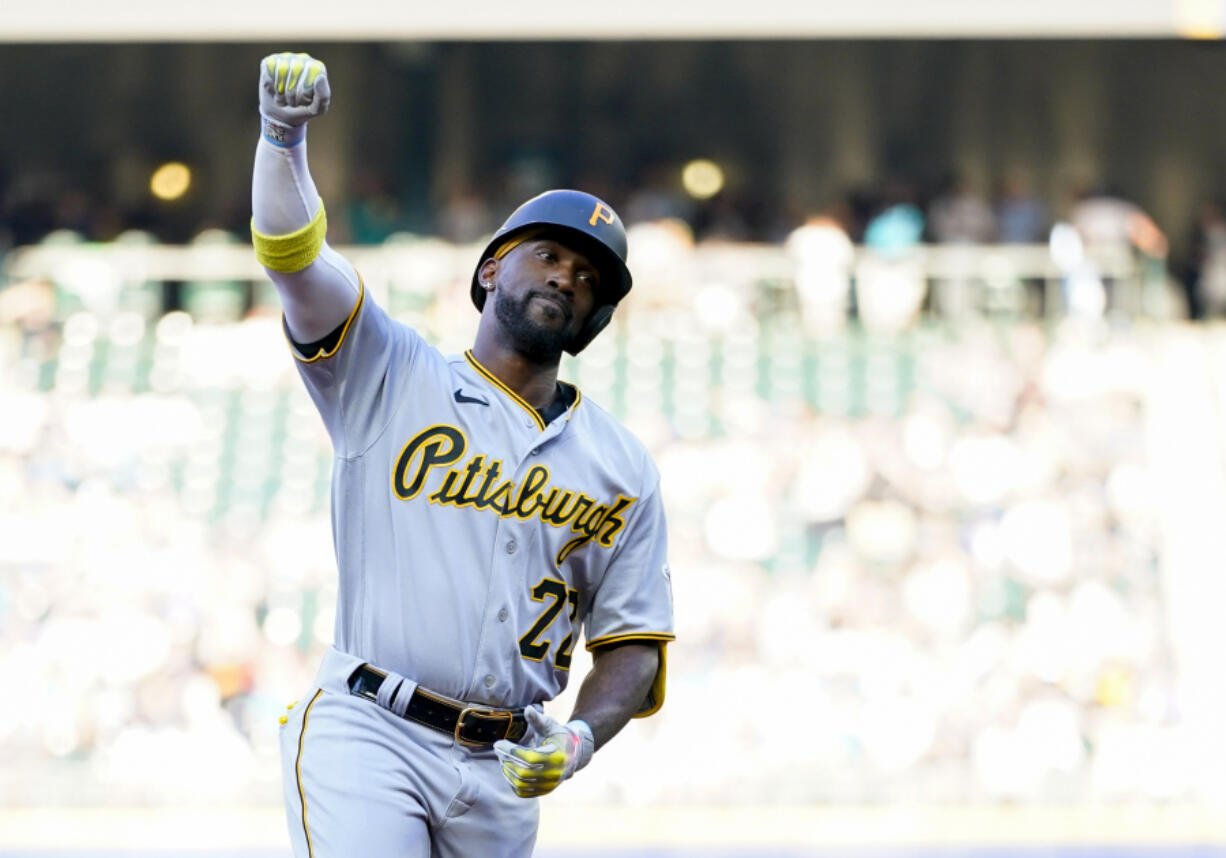 Pittsburgh Pirates' Andrew McCutchen runs the bases after hitting a solo home run against the Seattle Mariners during the first inning of a baseball game Friday, May 26, 2023, in Seattle.