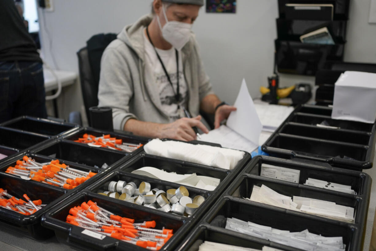 FILE - Supplies for drug users are seen at an overdose prevention center, OnPoint NYC, in New York, Feb. 18, 2022. For the first time, the U.S. government will pay for a large study measuring whether overdoses can be prevented by safe injection sites, places where people can use heroin and other narcotics and be revived if they take too much. The grant is expected to provide more than $5 million over four years to New York University and Brown University to study overdose prevention centers in New York City and Providence, R.I.