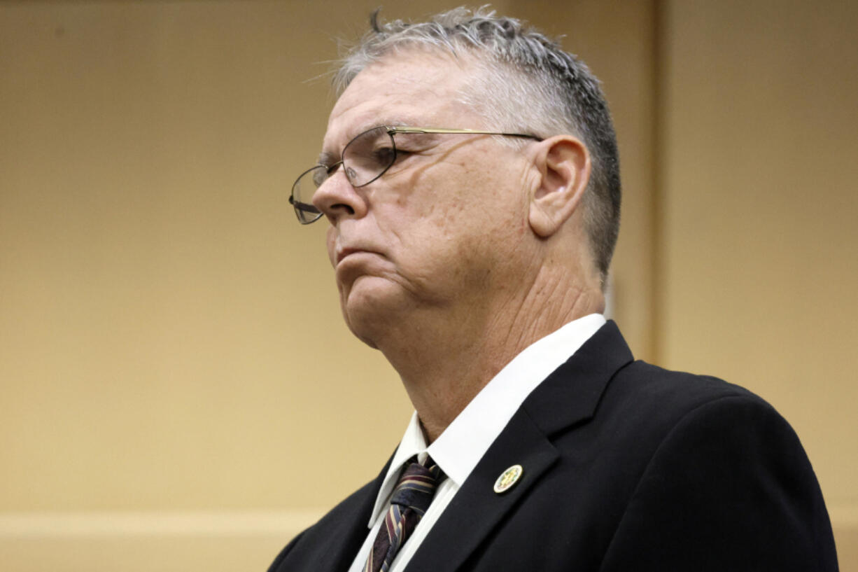 Former Marjory Stoneman Douglas High School School Resource Officer Scot Peterson is shown in court during a motions hearing in his case at the Broward County Courthouse in Fort Lauderdale, Fla., on Monday, May 22, 2022. Broward County prosecutors charged Peterson, a former Broward Sheriff's Office deputy, with criminal charges for failing to enter the 1200 Building at the school and confront the shooter, Nikolas Cruz, during a mass shooting at the Parkland high school five years ago.