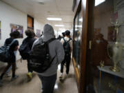 Students walk through Upper Darby High School, Wednesday, April 12, 2023, in Drexel Hill, Pa.  For some schools, the pandemic allowed experimentation to try new schedules.