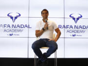 Spain's Rafael Nadal speaks during a press conference at his tennis academy in Manacor, Mallorca, Spain, Thursday May 18, 2023. Nadal said he need to stop playing for a while after been sidelined by an injured left hip flexor since January.