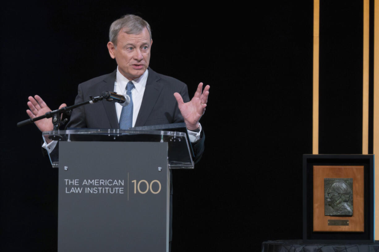 Supreme Court Chief Justice John Roberts speaks as her receives the Henry J. Friendly Medal during the American Law Institute's annual dinner in Washington, Tuesday, May 23, 2023.