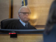 Clark County Superior Court Judge Robert Lewis listens to the prosecutions closing arguments Wednesday, Feb. 1, 2023, during the murder trial of suspected serial killer Warren Morris at the Clark County Courthouse. Forrest is charged with first-degree murder in the killing of 17-year-old Martha Morrison of Portland in 1974.