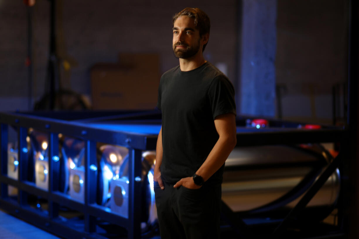 Ted McKlveen the cofounder of Verne stands next to hydrogen storage tanks on Thursday, May 11, 2023, in San Francisco, California. McKlveen???s company is developing hydrogen technology that enables heavy-duty trucks, ships and planes to operate with zero emissions.