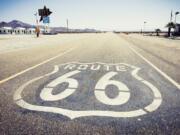 Passing cars are few along a stretch of historic Route 66 in the ghostly crossroads of Amboy in the Mojave Desert, about an hour north of Joshua Tree National Park.