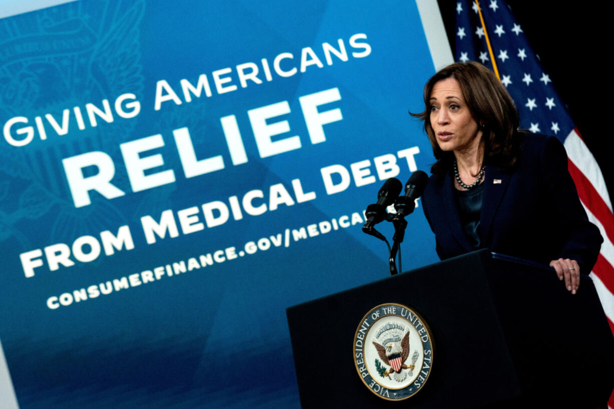 Vice President Kamala Harris delivers remarks on medical debt relief at the Eisenhower Executive Office Building, next to the White House, on April 11, 2022, in Washington, D.C.