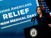 Vice President Kamala Harris delivers remarks on medical debt relief at the Eisenhower Executive Office Building, next to the White House, on April 11, 2022, in Washington, D.C.