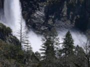 Bridalveil Fall's mist is seen through the trees April 28 in Yosemite Valley, Calif. Warmer weather is melting the snow which feeds the waterfalls and rivers.