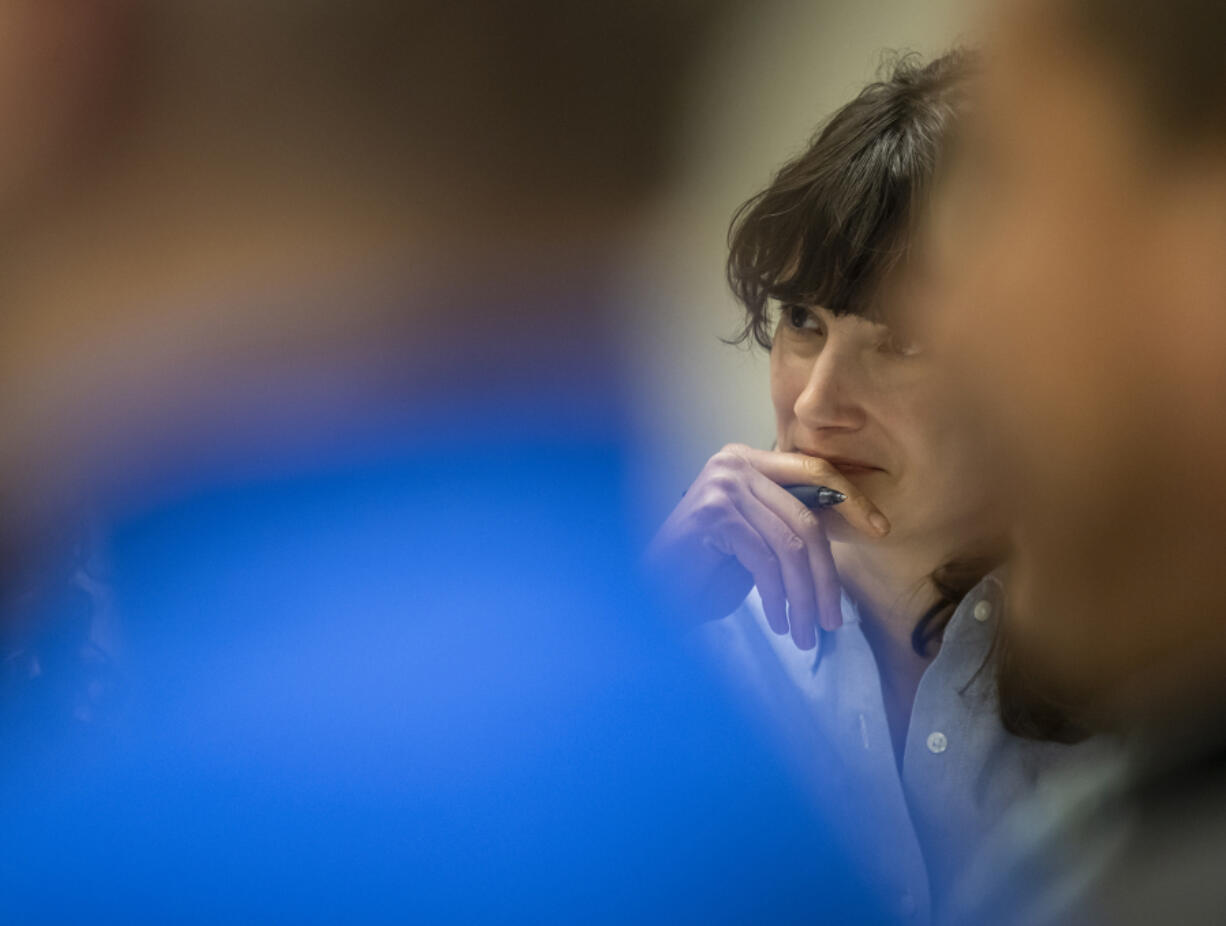 Third Congressional District Rep. Marie Gluesenkamp Perez, D-Skamania, listens during a roundtable at Our American Roots farm in Woodland in April.