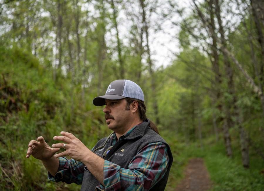 Ray Yurkewycz, Mount St. Helens Institute executive director, talks about improvements coming to the Mount St. Helens National Volcanic Monument Science and Learning Center at Coldwater while walking on the Hummocks Trail.