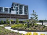 The AC Marriott Hotel stands above Vancouver Landing. The projects were the first two completed as part of the Port of Vancouver's Terminal 1 redevelopment.