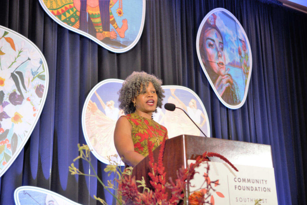 Keynote speaker Majora Carter, a community revitalization strategist, speaks to the audience at the Community Foundation for Southwest Washington's annual luncheon.