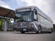 A new fully electric C-Tran bus pulls away from its stop earlier this month at the 99th Street Transit Center in Vancouver.