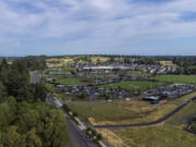 Cars file into the parking lot of the Ridgefield Outdoor Recreation Complex on Raptors game night in June, as seen in this drone photo. Though it wasn't designed to be a home for sports tourism, the complex has brought in people from out of town, many of whom spend money at local businesses.