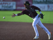 Raptors second baseman Reiss Calvin underhands the ball to first Tuesday, June 27, 2023, during the Raptors’ game against Bend at the Ridgefield Outdoor Recreation Complex.