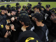 Oregon celebrates their 11-2 win against Xavier following an NCAA college baseball tournament regional championship game Sunday, June 4, 2023, in Nashville, Tenn.