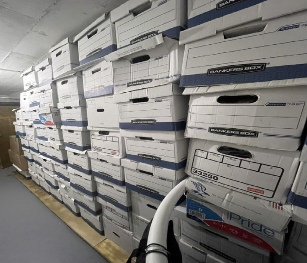 This image, contained in the indictment against former President Donald Trump, shows boxes of records in a storage room at Trump's Mar-a-Lago estate in Palm Beach, Fla., that were photographed on Nov. 12, 2021. Trump is facing 37 felony charges related to the mishandling of classified documents according to an indictment unsealed Friday, June 9, 2023.