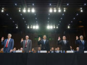 From left, Chris Fonzone, General Counsel at the Office of the Director of National Intelligence, George Barnes, Deputy Director of the National Security Agency (NSA), David Cohen, Deputy Director of the Central Intelligence Agency (CIA), Paul Abbate, Deputy Director of the Federal Bureau of Investigation (FBI), and Matt Olsen, Assistant Attorney General of the National Security Division of the Department of Justice, are sworn in before testifying at a Senate Judiciary Oversight Committee hearing to examine Section 702 of the Foreign Intelligence Surveillance Act and related surveillance authorities, Tuesday, June 13, 2023, on Capitol Hill in Washington.