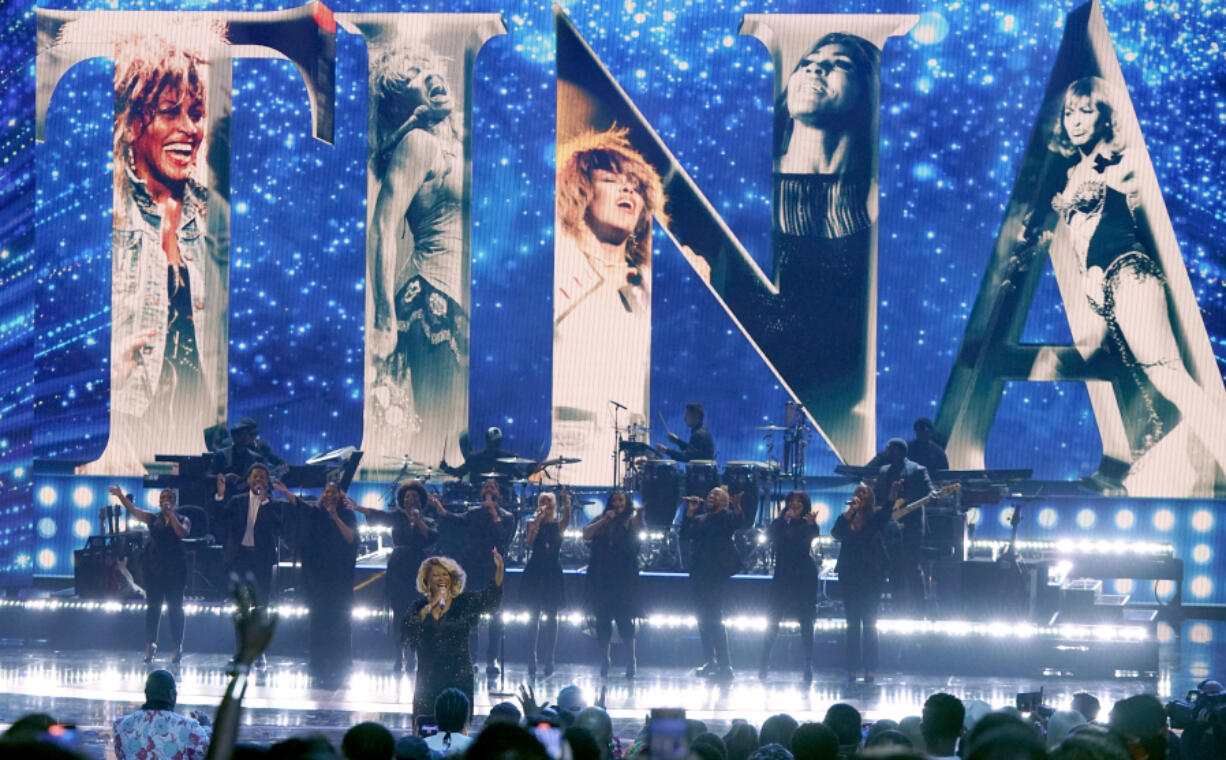 Patti LaBelle performs "The Best" during an In Memoriam tribute to the late singer Tina Turner, pictured onstage at the BET Awards on Sunday at the Microsoft Theater in Los Angeles.