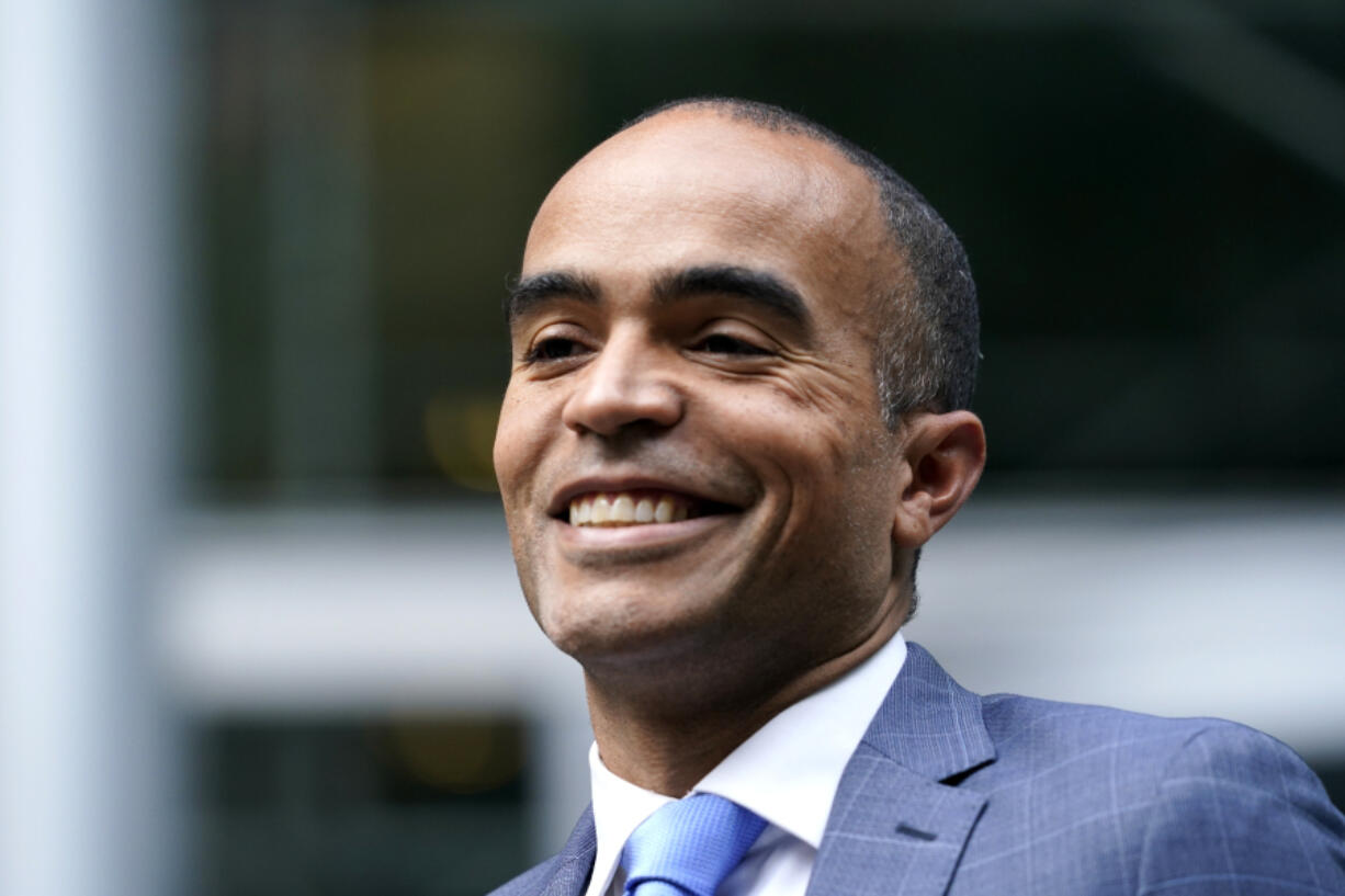 FILE - U.S. Attorney for Western Washington Nick Brown poses for a photo outside the U.S. Courthouse on Oct. 19, 2021, in Seattle. Brown announced on Tuesday, June 20, 2023, he is stepping down -- a resignation that arrives amid expectations that he's planning to run for state attorney general.