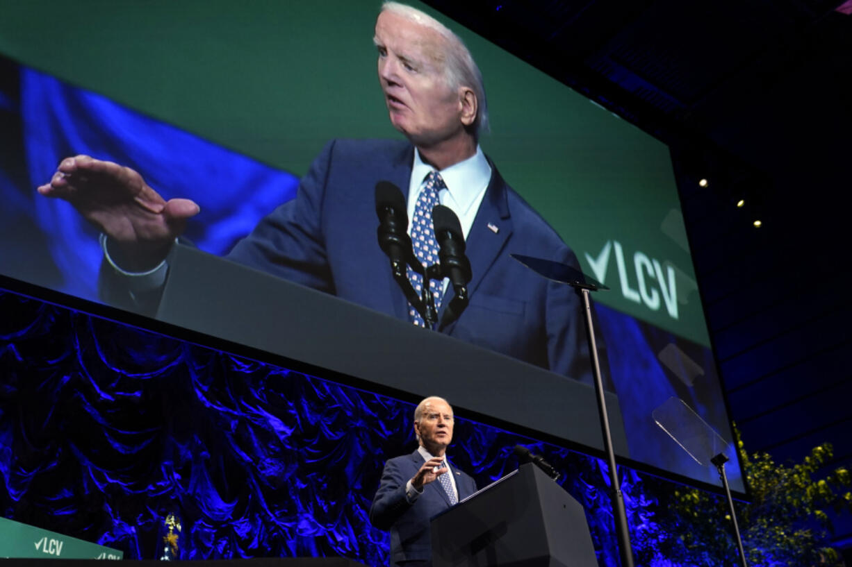 President Joe Biden speaks at the League of Conservation Voters annual capital dinner in Washington, Wednesday, June 14, 2023.