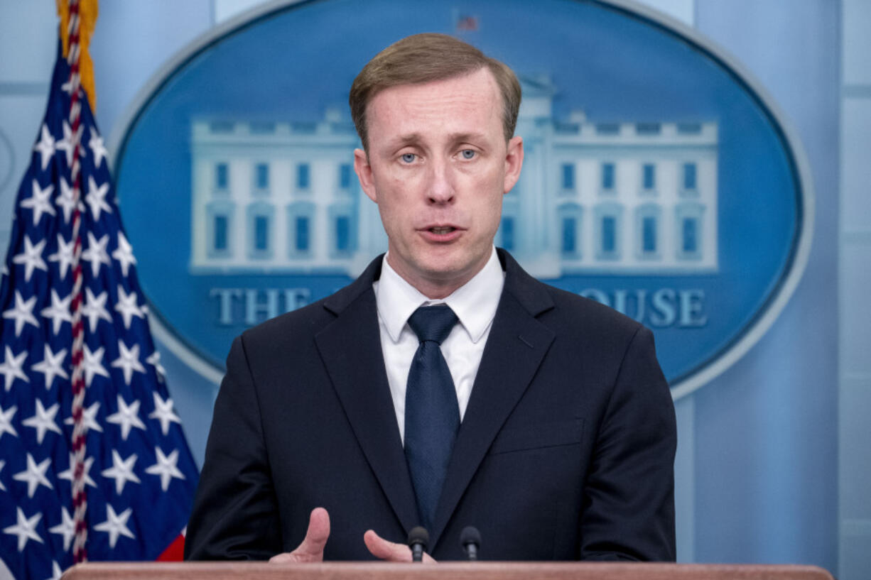 FILE - White House national security adviser Jake Sullivan speaks at a press briefing at the White House in Washington, April 24, 2023. The Biden administration is ready to talk to Russia without conditions about a future nuclear arms control framework even while taking countermeasures in response to the Kremlin's decision to suspend the last nuclear arms control treaty between the two countries. That word comes from White House national security adviser Jake Sullivan in a speech to the Arms Control Association in Washington on Friday.