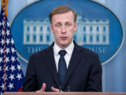 FILE - White House national security adviser Jake Sullivan speaks at a press briefing at the White House in Washington, April 24, 2023. The Biden administration is ready to talk to Russia without conditions about a future nuclear arms control framework even while taking countermeasures in response to the Kremlin's decision to suspend the last nuclear arms control treaty between the two countries. That word comes from White House national security adviser Jake Sullivan in a speech to the Arms Control Association in Washington on Friday.